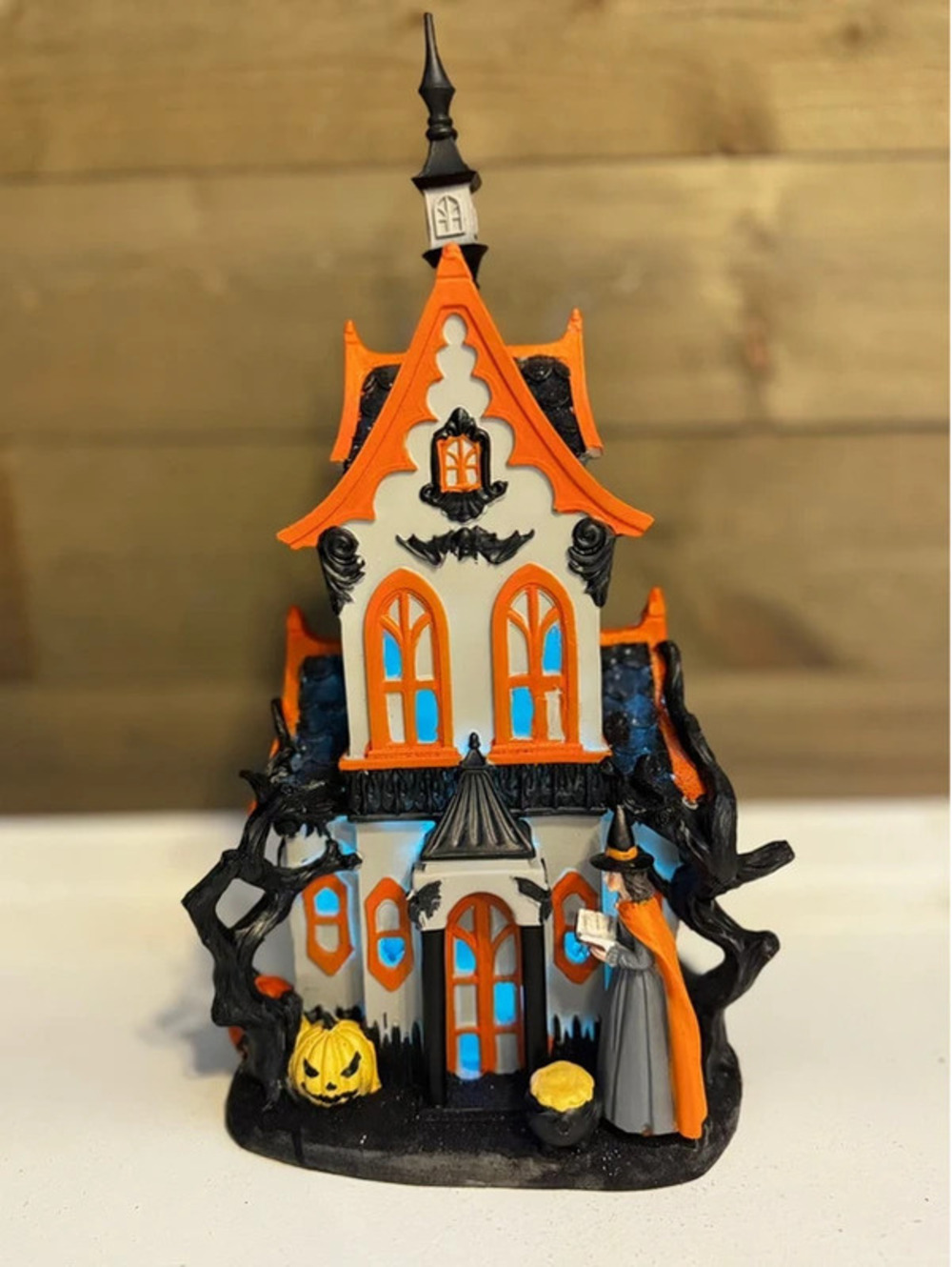 Light Up Halloween Haunted House With Witch - Orange And Black - 16 Inch Tall